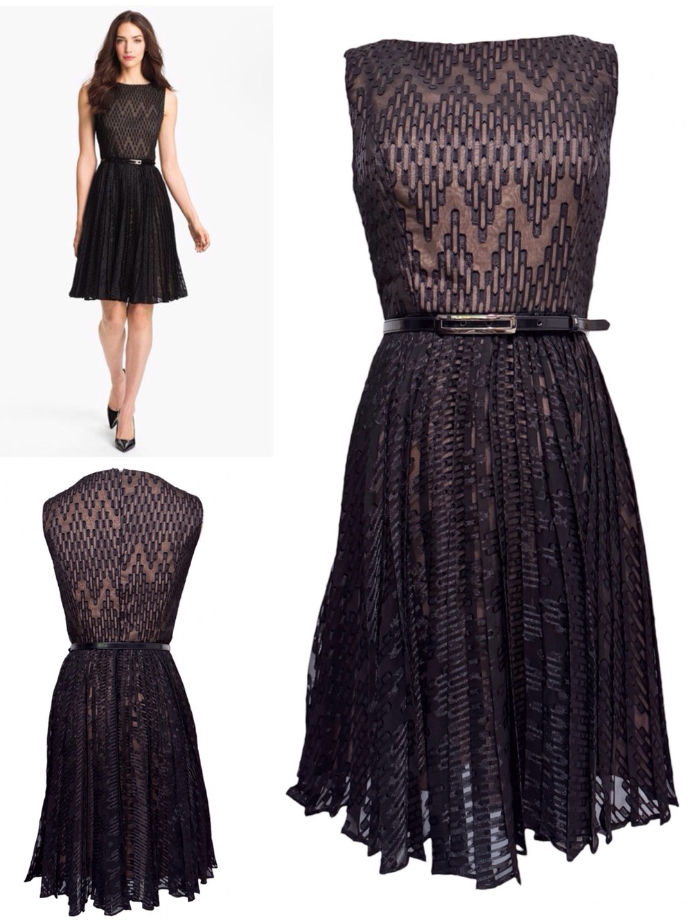 Adrianna Papell Petite Black Pleated Fit and Flare Lace Dress Nude Underlay 4P